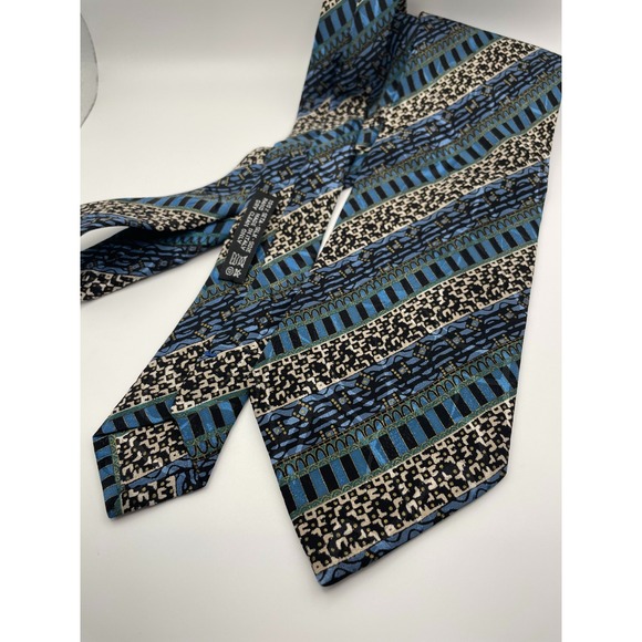 Brioni Silk Tie Blue Black Geometric Abstract Pattern Men's Necktie